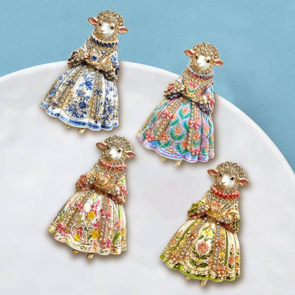 Luxury Pink Rose Flower Ram Brooch Pin Crystal Gold Sheep Animal Jewelry Gift