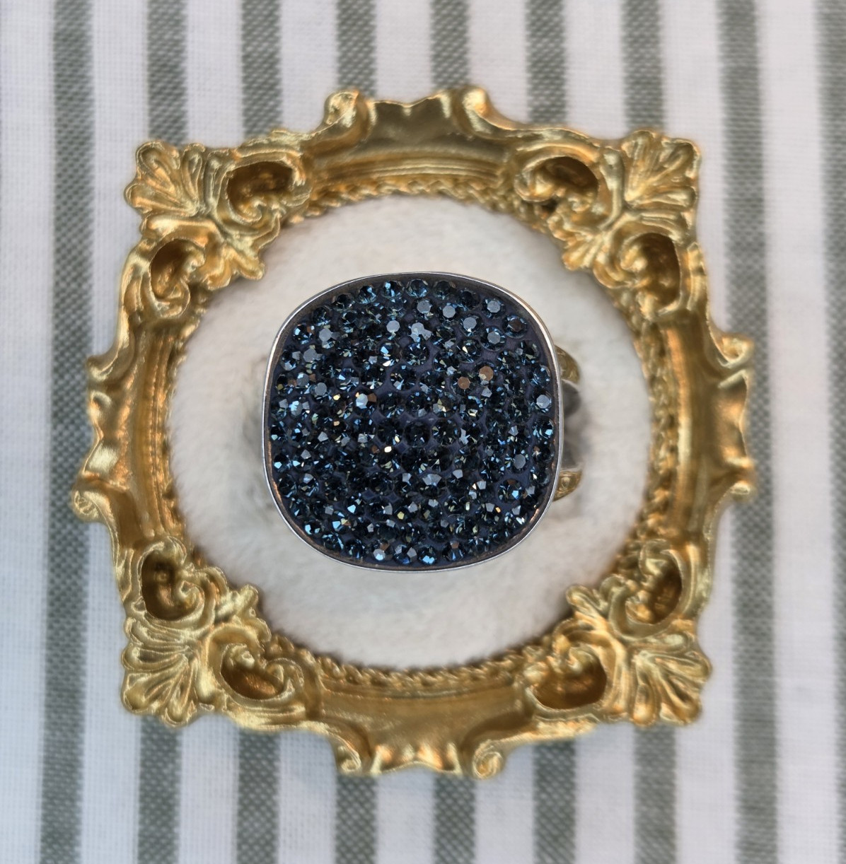 JCM Stainless Steel Blue Druzy Cushion Bezel Set Cocktail Ring Size 8 Signed