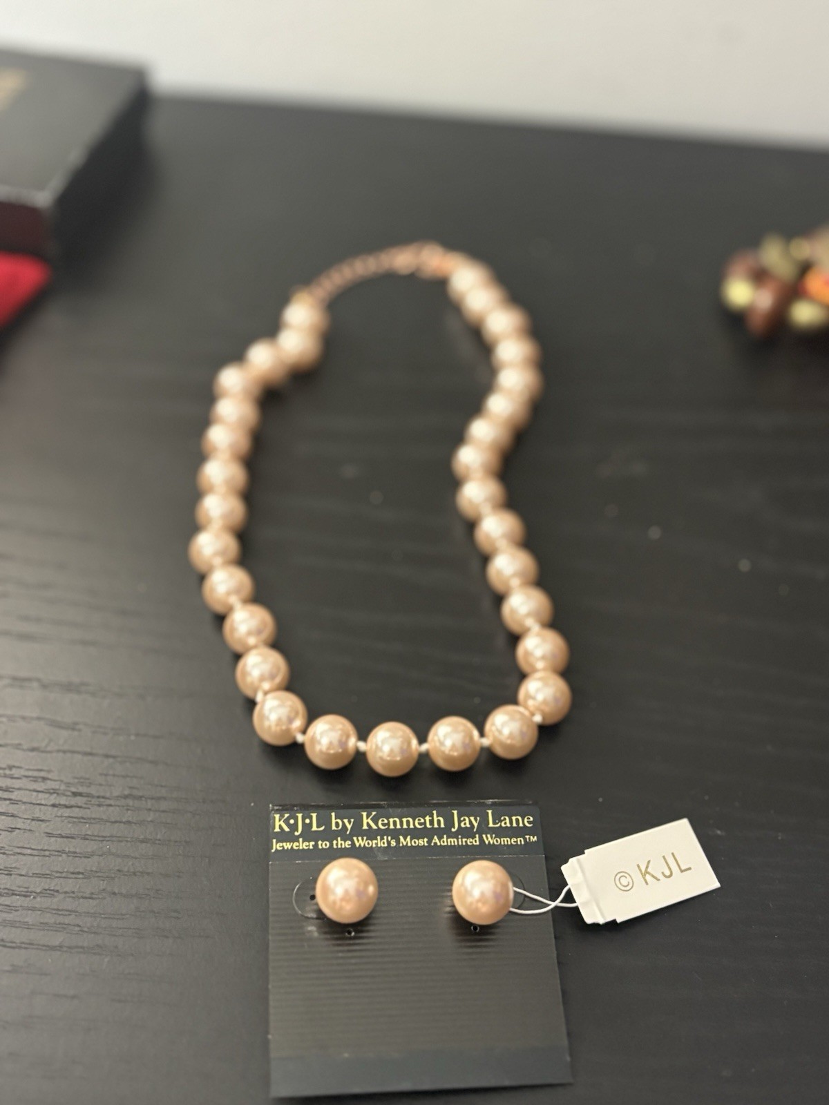 KJL by Kenneth Jay Lane Signed Pink Round Imitation Pearl Necklace & Earrings