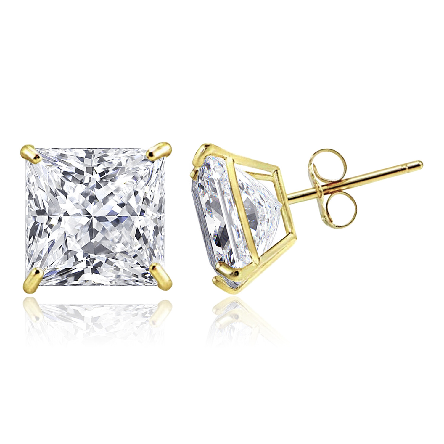 14K Solid Gold Square Princess Cut Cubic Zirconia Basket Push Back Stud Earrings
