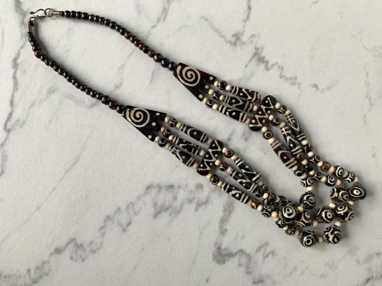 Vintage Bone 3 Strand Tibetan & African appearing Tribal Bead 26″ Necklace 58
