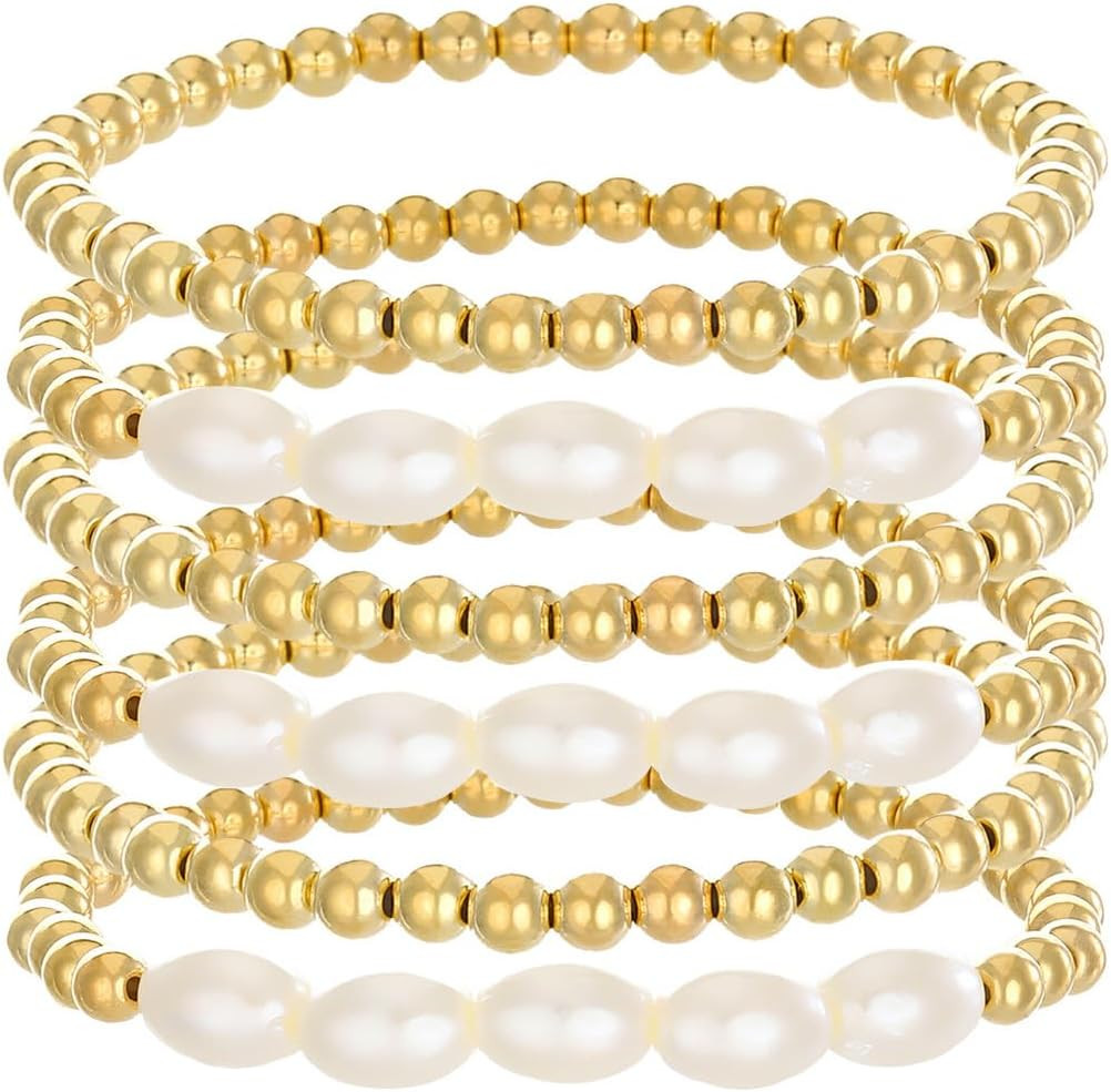 Gold Pearl Beaded Enewton Bracelets for Women,Gold Pearl Stackable Stretch Bead
