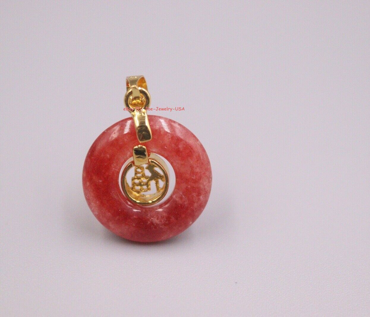 New 18K Yellow GP 福 with Red Jade Circle Pendant 1.10inch H
