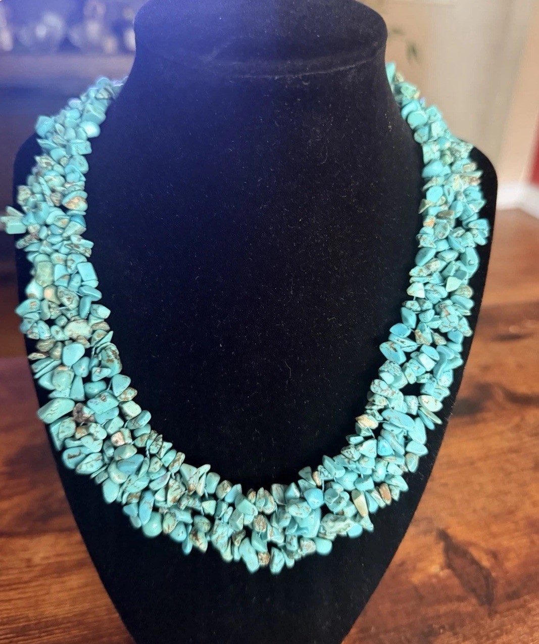 Turquoise Stone Chip Bib Collar Necklace 16” Adjustable Boho Statement