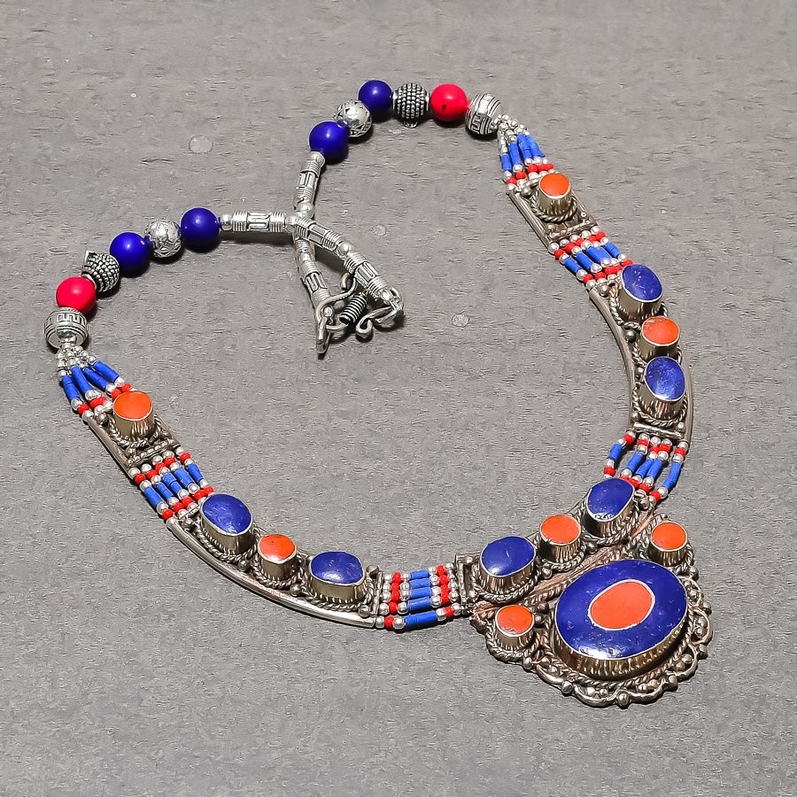 Red Coral Lapis Lazuli Gemstone Necklace Tibetan Gift Nepali Jewelry 18″ NN 7234