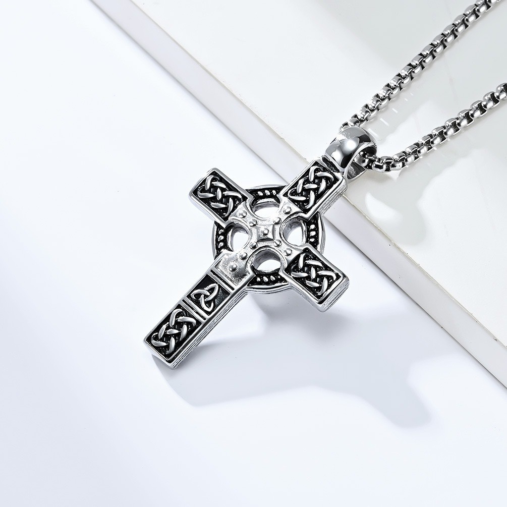Celtic Knot Titanium Steel Gothic Cross Necklace Norse Runes Viking Pendant 24″