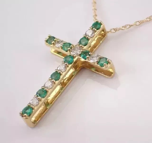 Round Cut Simulated Green Emerald Cross Pendant Chain In 14k Yellow Gold Plated
