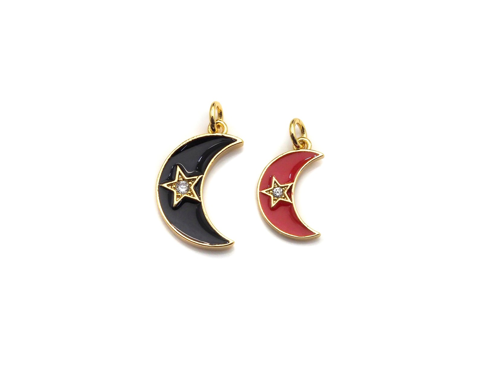 Enamel Moon Star charm, Black Red White Gold CZ Half Moon Pendant, Enamel Moon