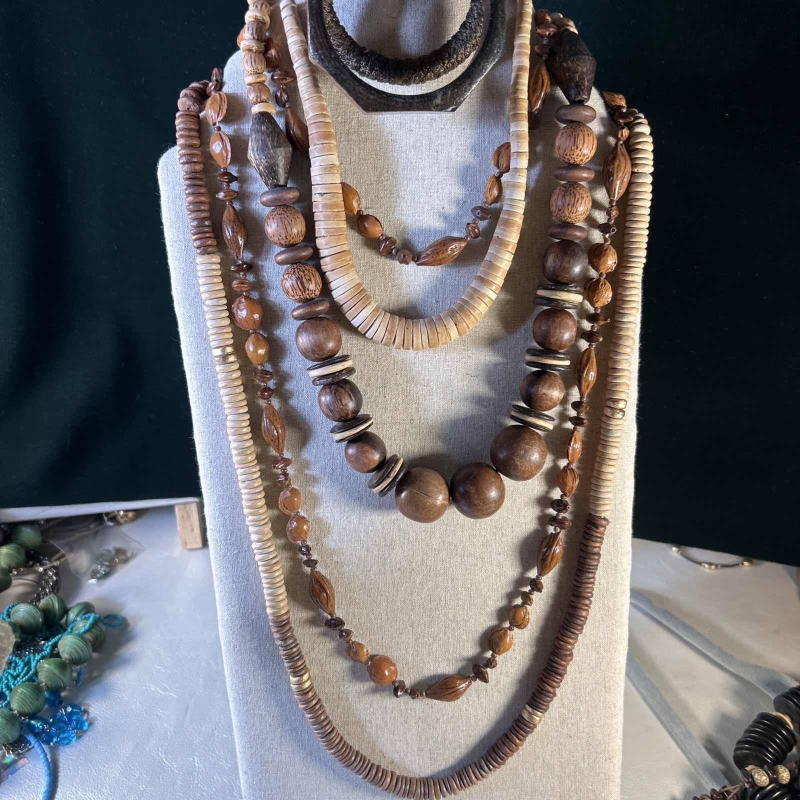 Boho Wood Beaded Necklace & Bracelet Lot 6-Piece Natural Tribal Statement