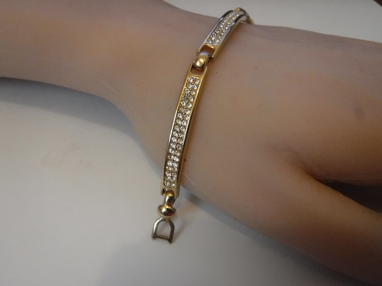 Chr. Dior Designer Vintage Bar Link Bracelet Gold Plated 2 Row Pave Crystals 7″