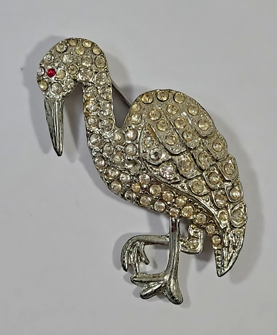 Sterling Silver Pelican Ladies Fashion Pin w/ Rhinestones – 2″ tall