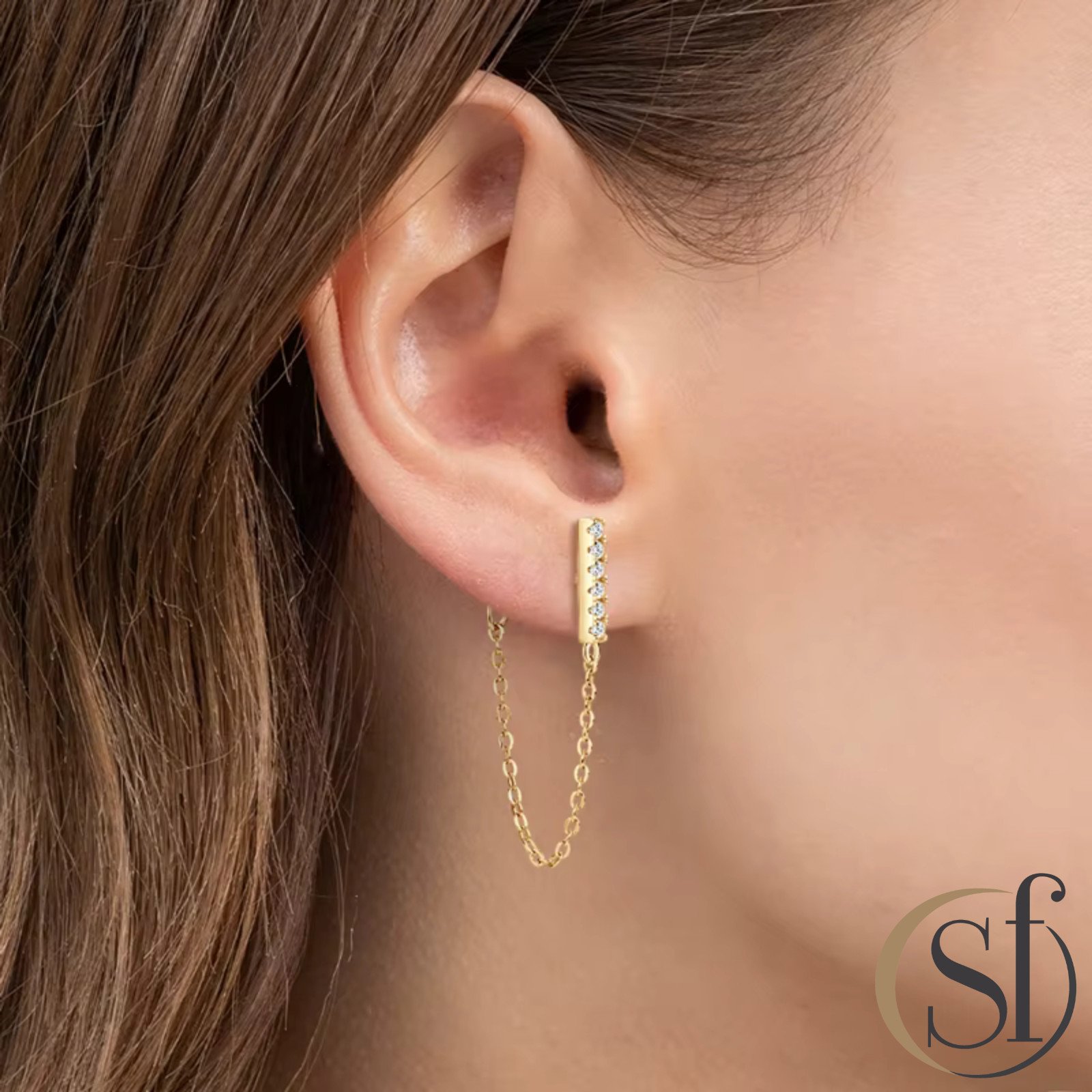 Moissanite Bar Chain Drop Earrings | Sterling Silver | 14K White or Yellow Gold