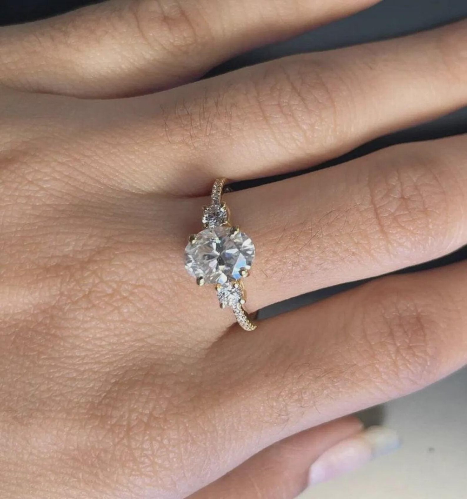 2CT Oval Cut Moissanite Three Stone Engagement Ring, Pave Set Wedding Band