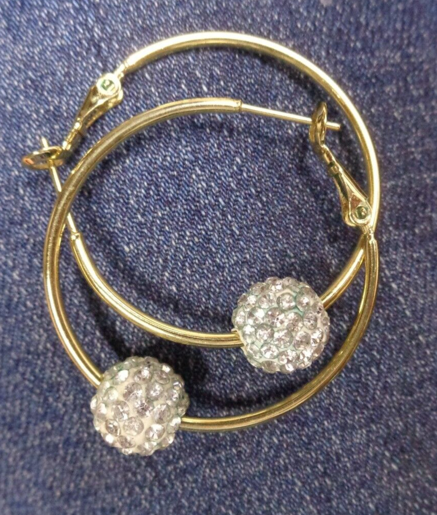 Estate Jewelry ~ ATI BRCH Goldtone Crystal Ball Bead HOOP Pierced Earrings 1.25″
