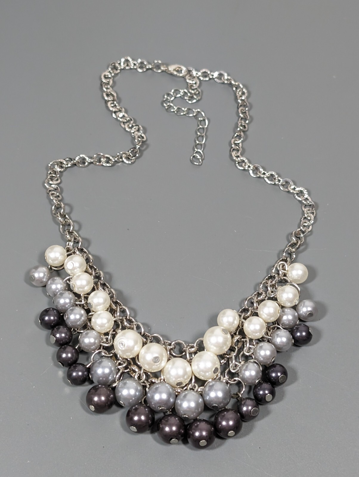 Silver Tone White Gray Faux Pearl Charm Bib Statement Necklace 19 inch Ombre