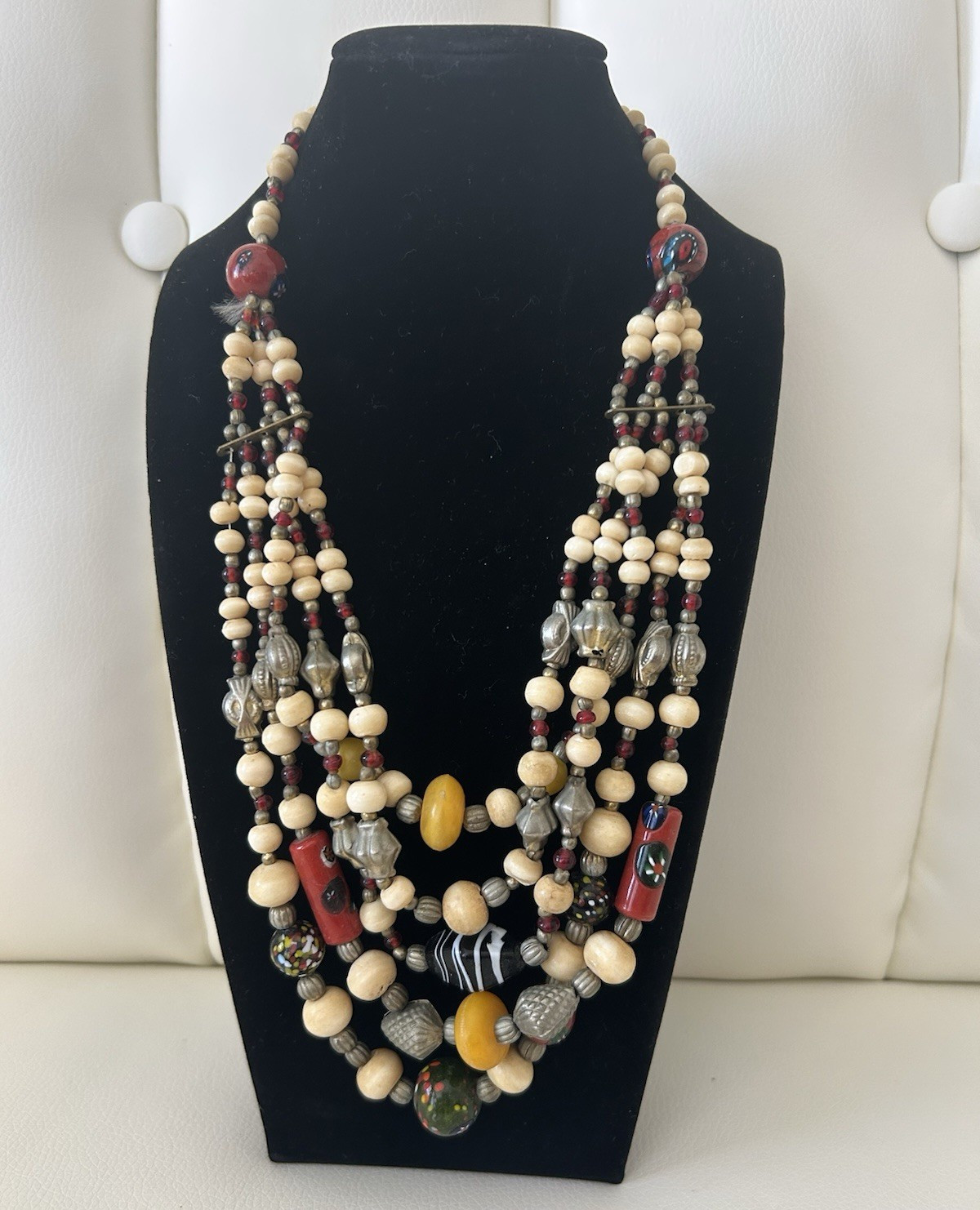 Vintage Boho Multi Strand Wood Glass Beaded Statement Necklace 12” in