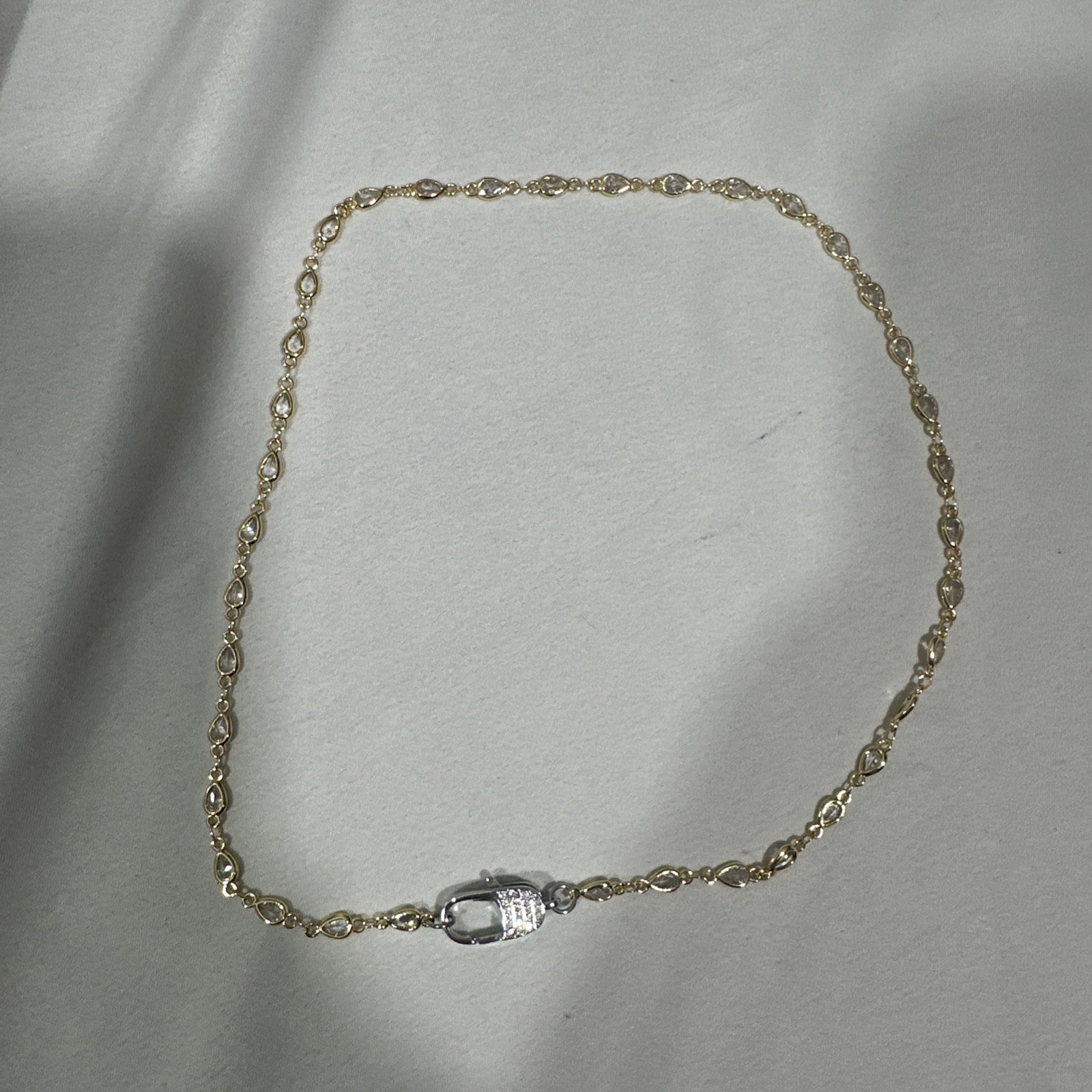 NEW Freida Rothman Gold Pear Mini Bezel Brass Necklace Chain w/ Pave Clasp #MR