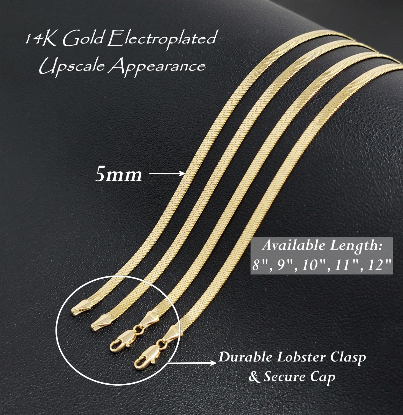 Gold Electroplated Anklet for Women, 9-12 Inch, Figaro Cuban Mariner Herringbone