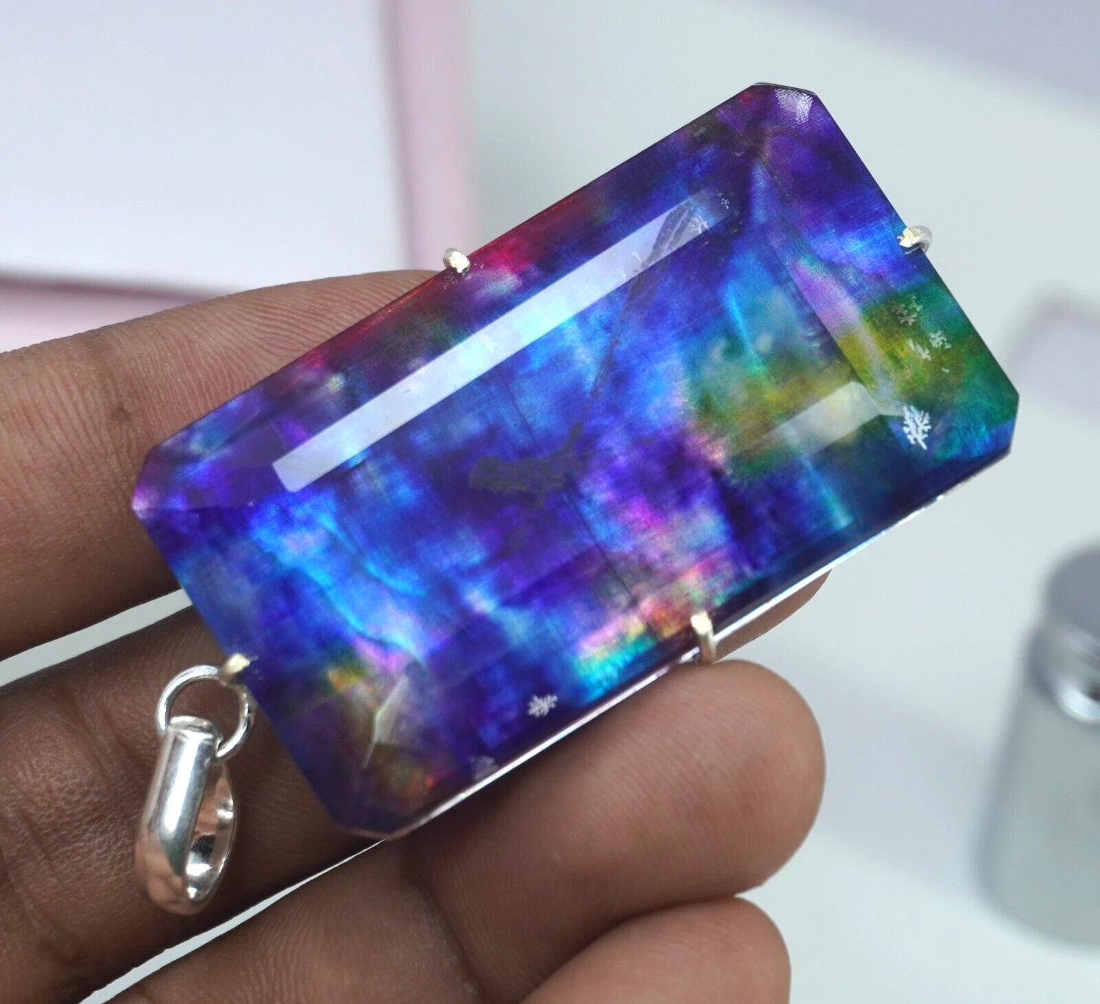 Certified 90 Ct Natural Ammolite 925 Solid Silver Rainbow Pendant Gemstone
