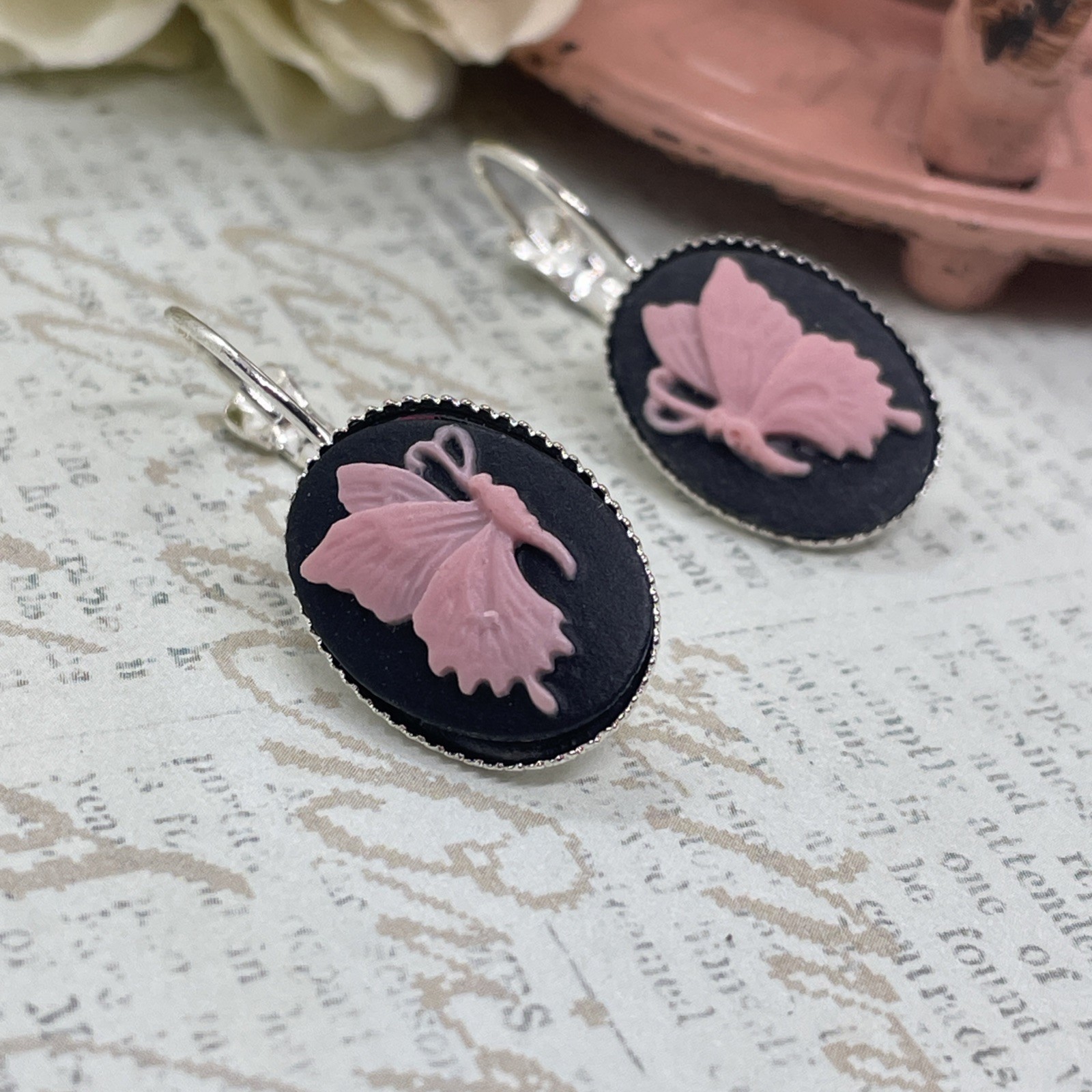 Black Pink Butterfly Gift Cameo Silver Boutique French Wire Earrings Wedding