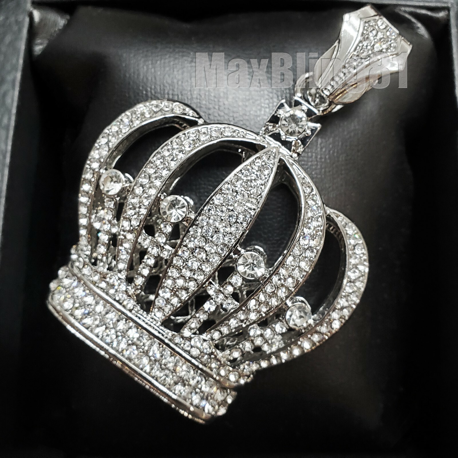 HIP HOP ICED SILVER PLATED CUBIC ZIRCONIA LARGE KING CROWN BLING CHARM PENDANT