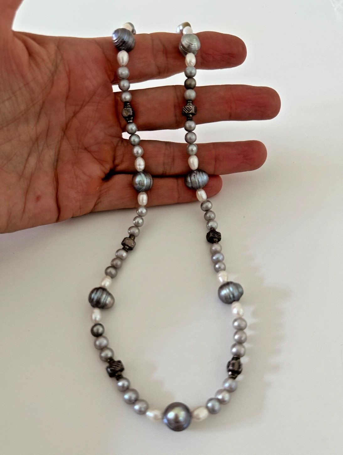 Sterling Silver Grey Pearl Necklace Beaded Iridescent 925 Push Lock 17 in