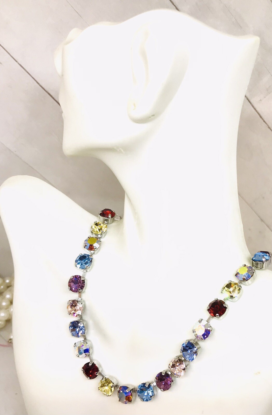 Siam Red Rainbow Cup Chain Necklace, Light Blue Crystal Rainbow Mix Necklace