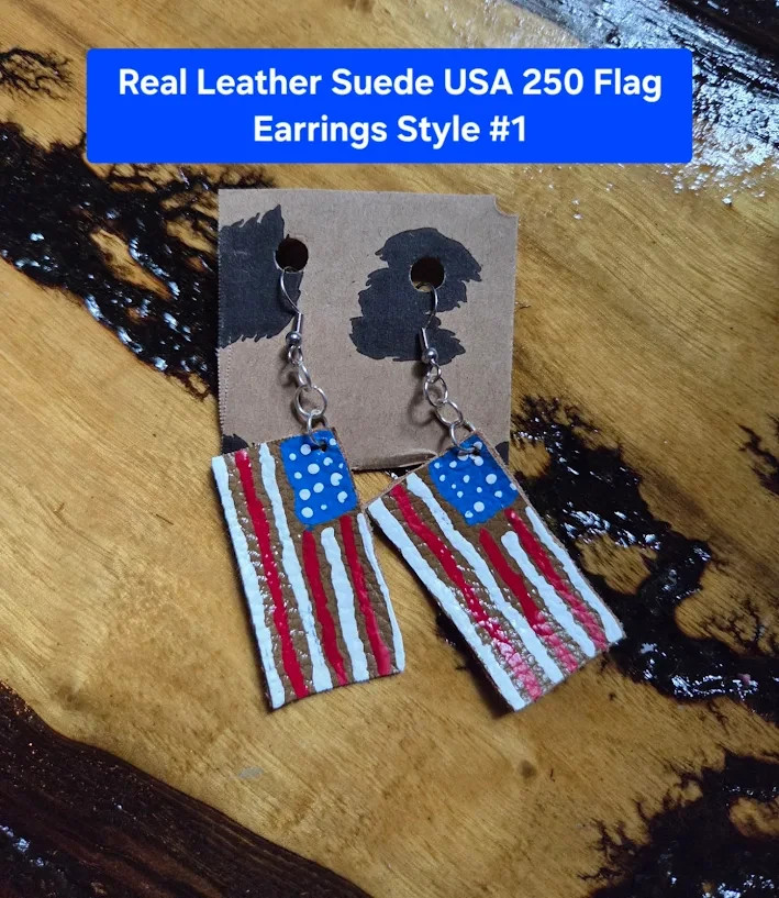 Handmade & Hand-painted USA 250 Real Leather Suede Flag Earrings Style #1