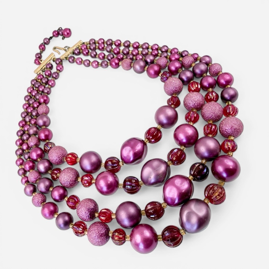 Vintage 1950s Pink Multi Strand Faux Pearl Necklace Red Aurora Borealis Beads