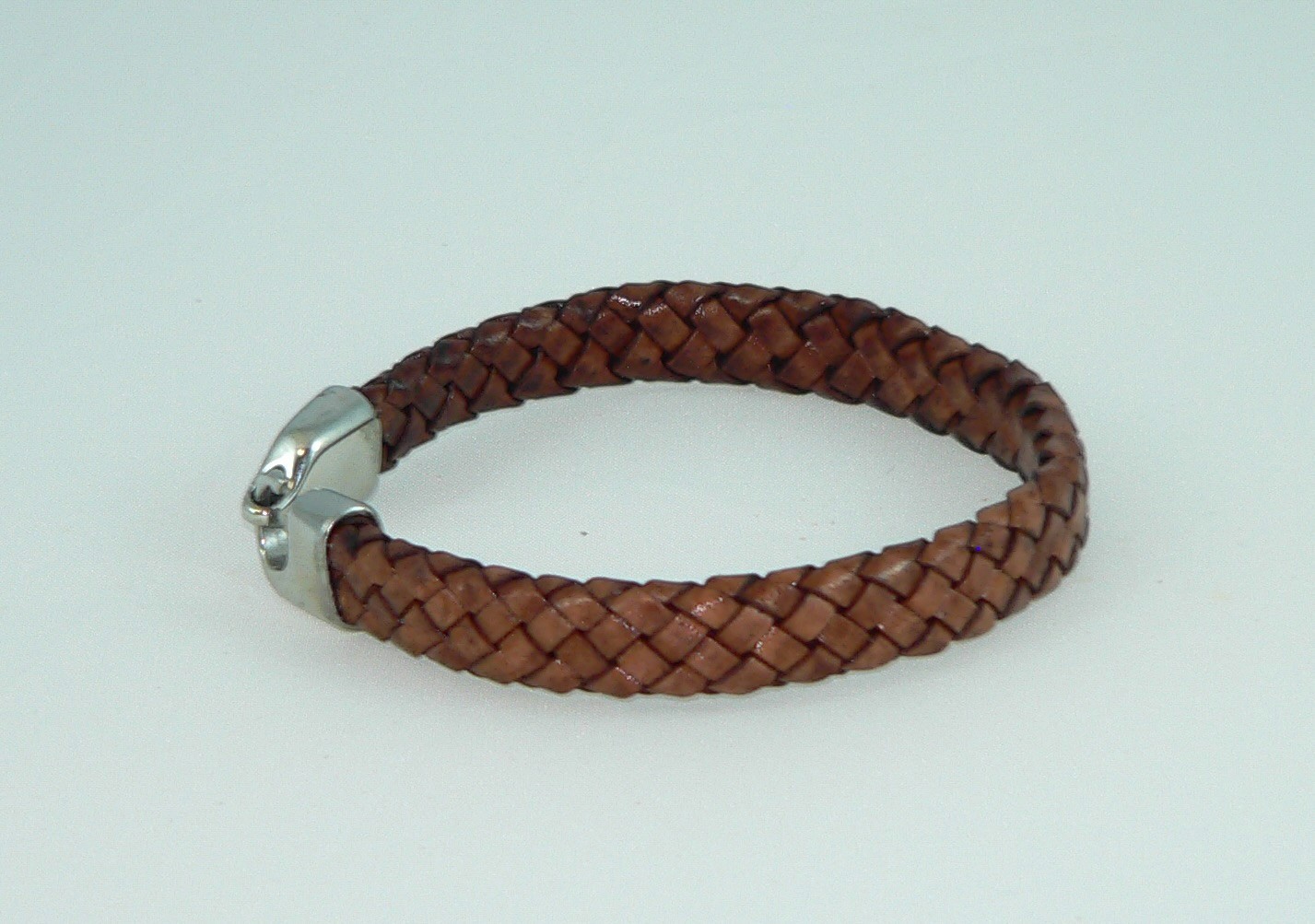 Men’s Flat Braided Brown Leather Bracelet with Stainless Steel Clasp, 7-10″