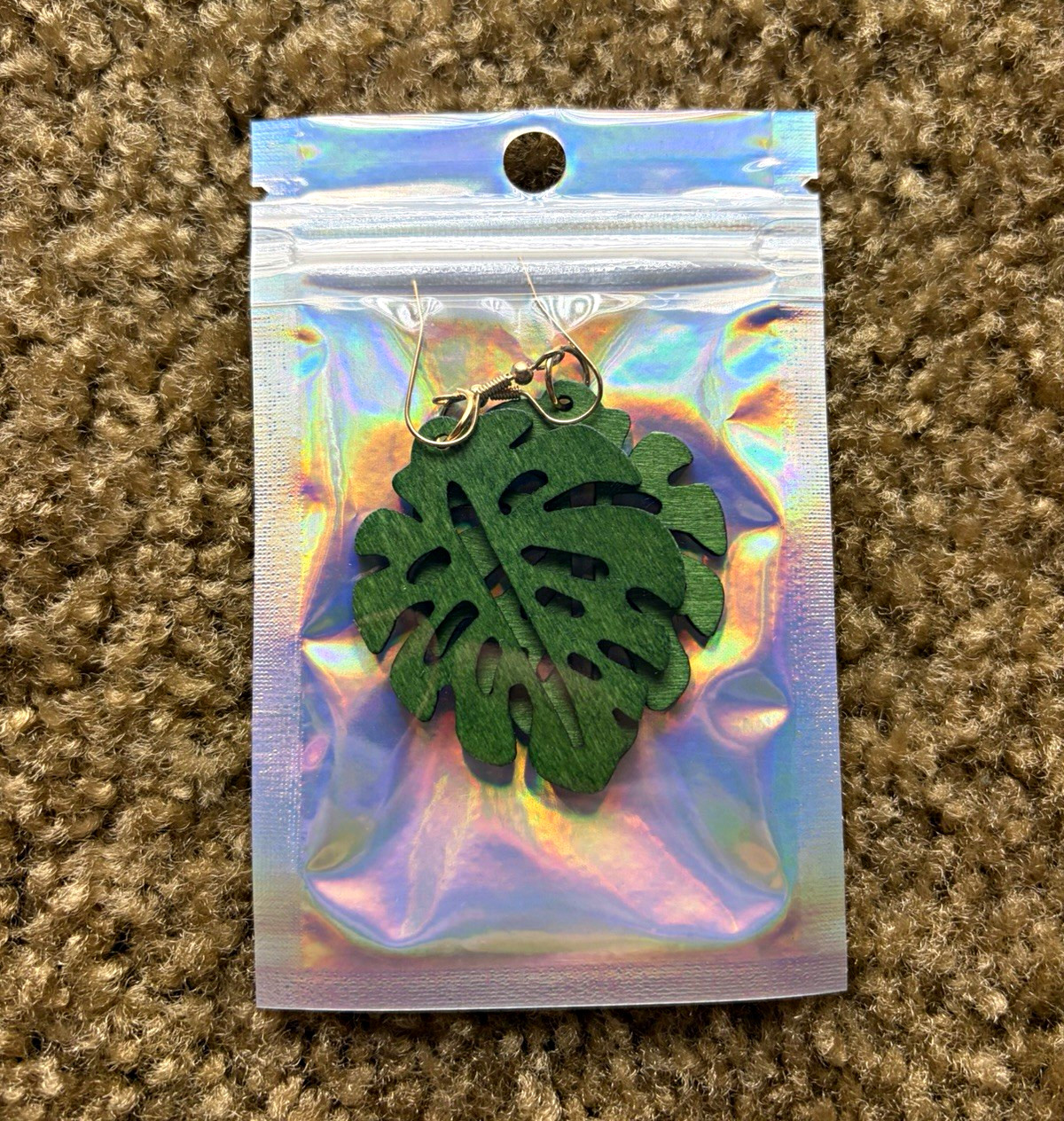 Wooden green Monstera leaf dangle earrings