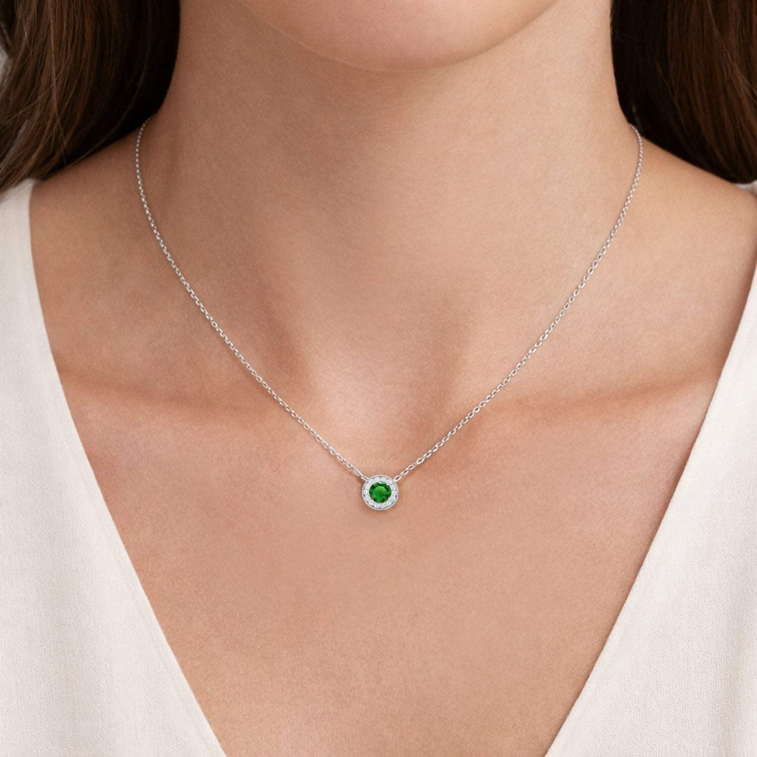 1.80Ct Simulated Diamond & Emerald Round Halo Charm Pendant 14K White Gold 9mm