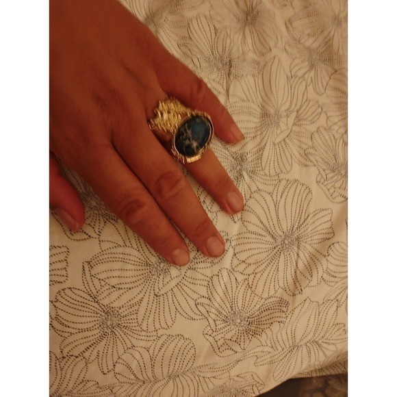 Ring Blue Cabochon Gold Tone Textured Statement Arty Style Celebrity Favorite