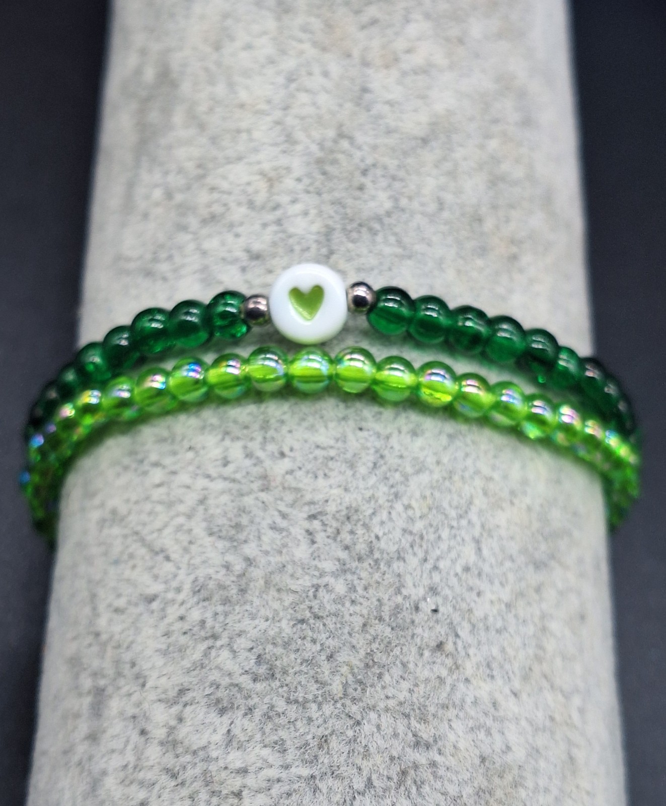 Set of Two Green Handmade Bracelet w Glass Beads and Heart Charm