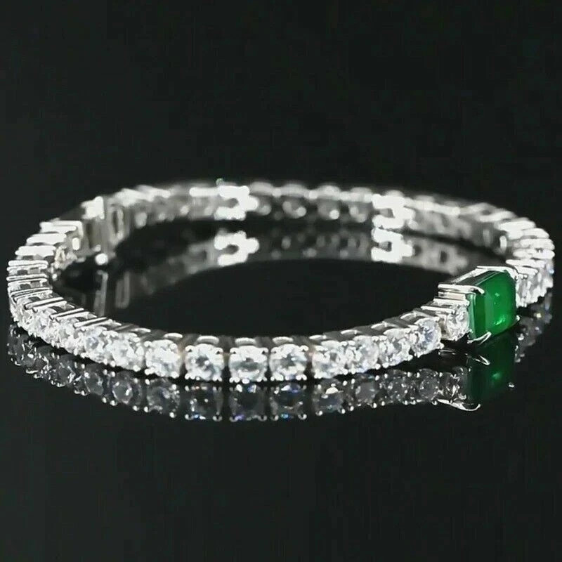 6.50 Ct Simulated Green Emerald & Diamond Tennis Bracelet 14k White Gold Plated