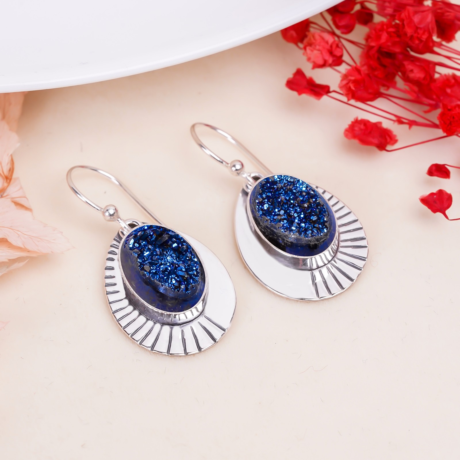 Blue Titanium Agate Drusy 925 Sterling Silver Earring, Christmas Gift E155163