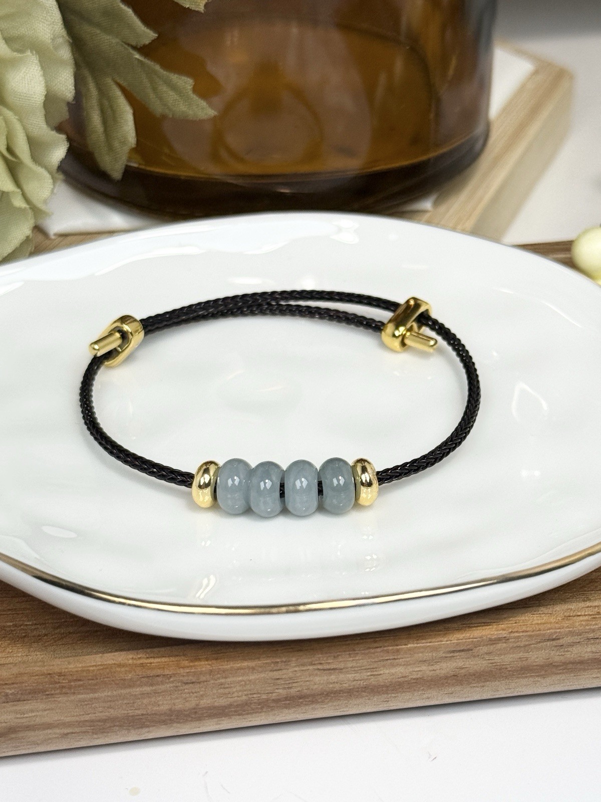 Blue Water Jade Blue Donut Pendant Bracelet 8MM on Black Adjustable Nylon Cord