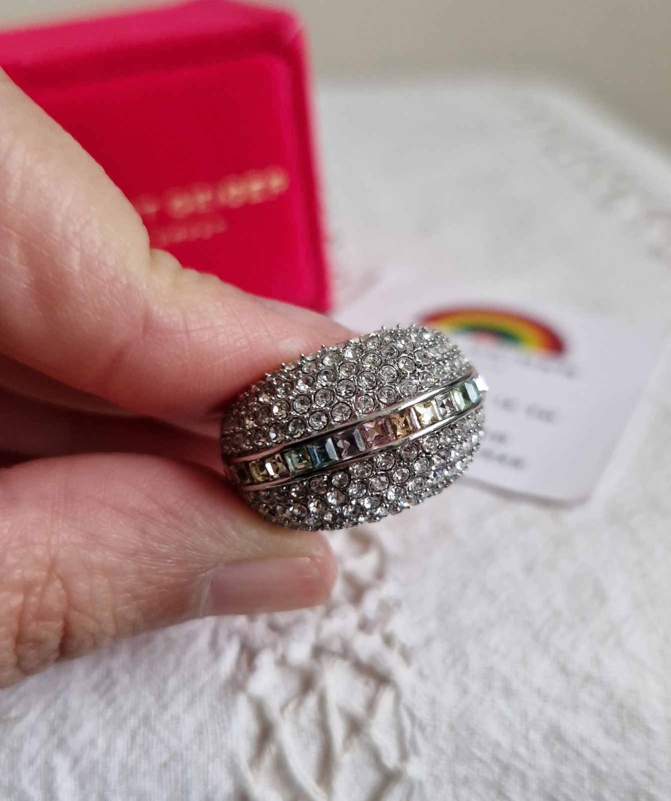 Kurt Geiger Silver Pave Rainbow Ring Size S/M, UK O, US 7 RRP £119