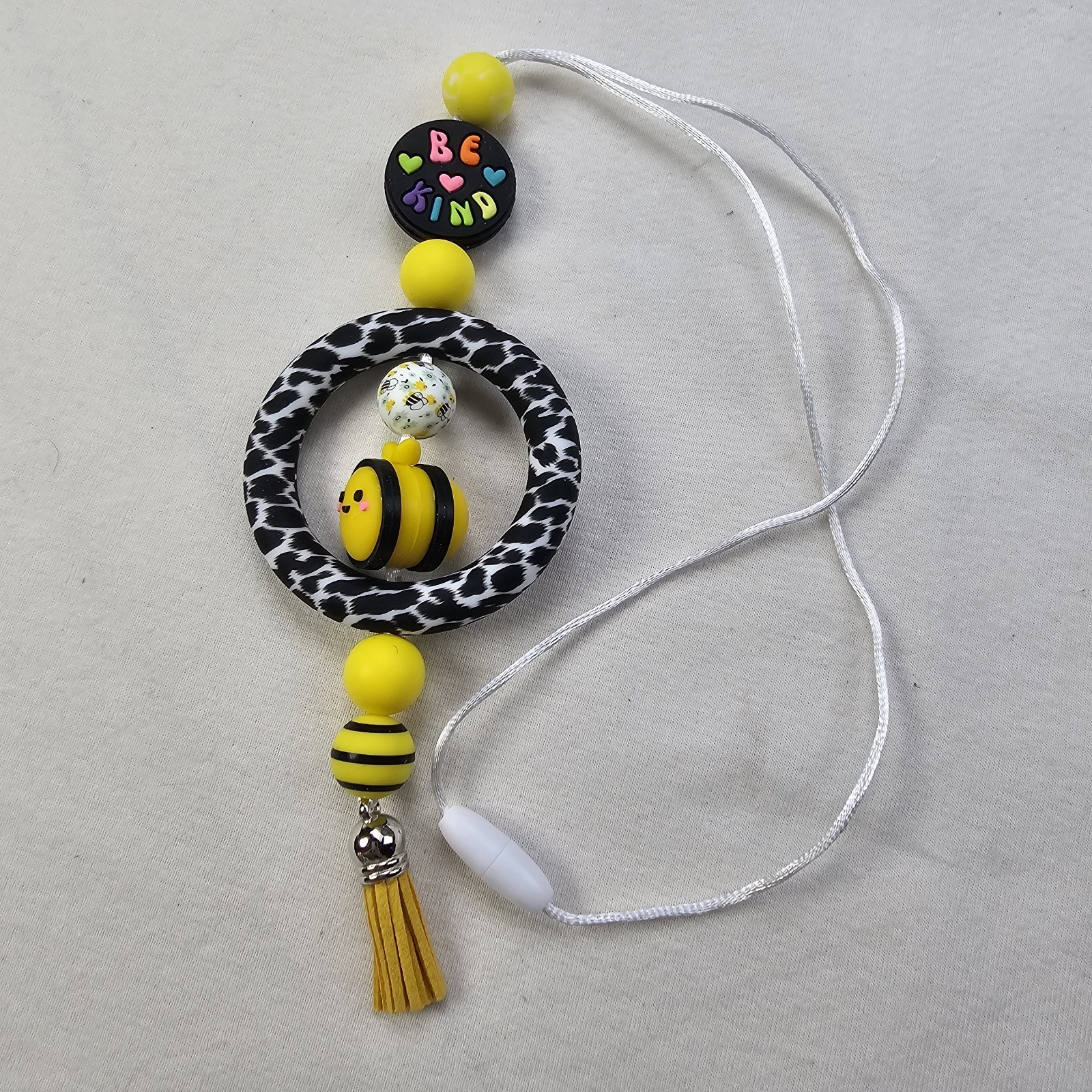 Car Rearview Mirror Charm Silicone Beads Circle Be Kind Bumble Bee And Tassle