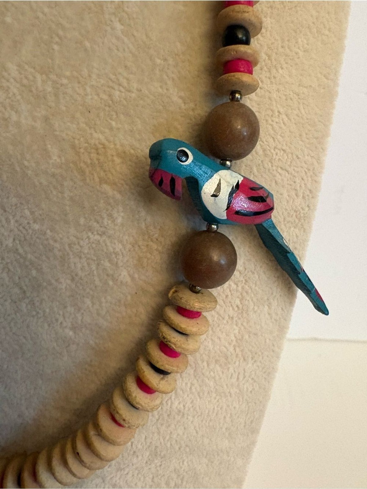 Vintage Parrot Necklace Wooden Beads Tropical Bird Necklace Barrel Clasp