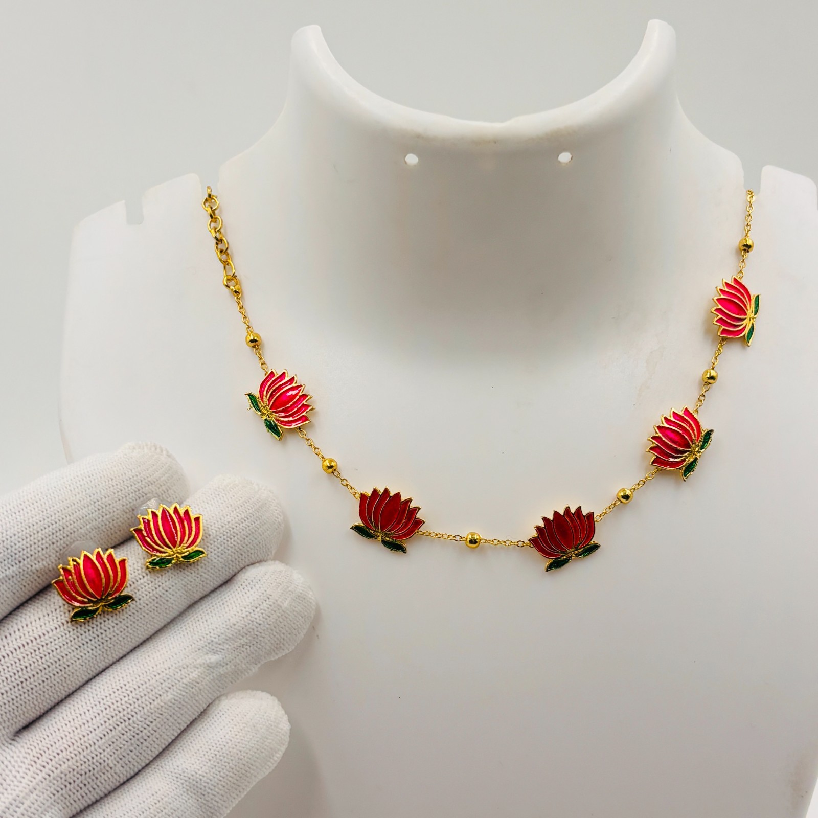 Gold Plated Lotus Necklace Earrings Set Red Green Enamel Traditional jewelry