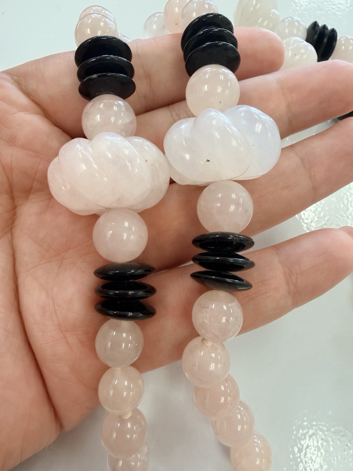 Statement Long Rose Quartz Style Necklace Black Disc Carved White Beads 35in