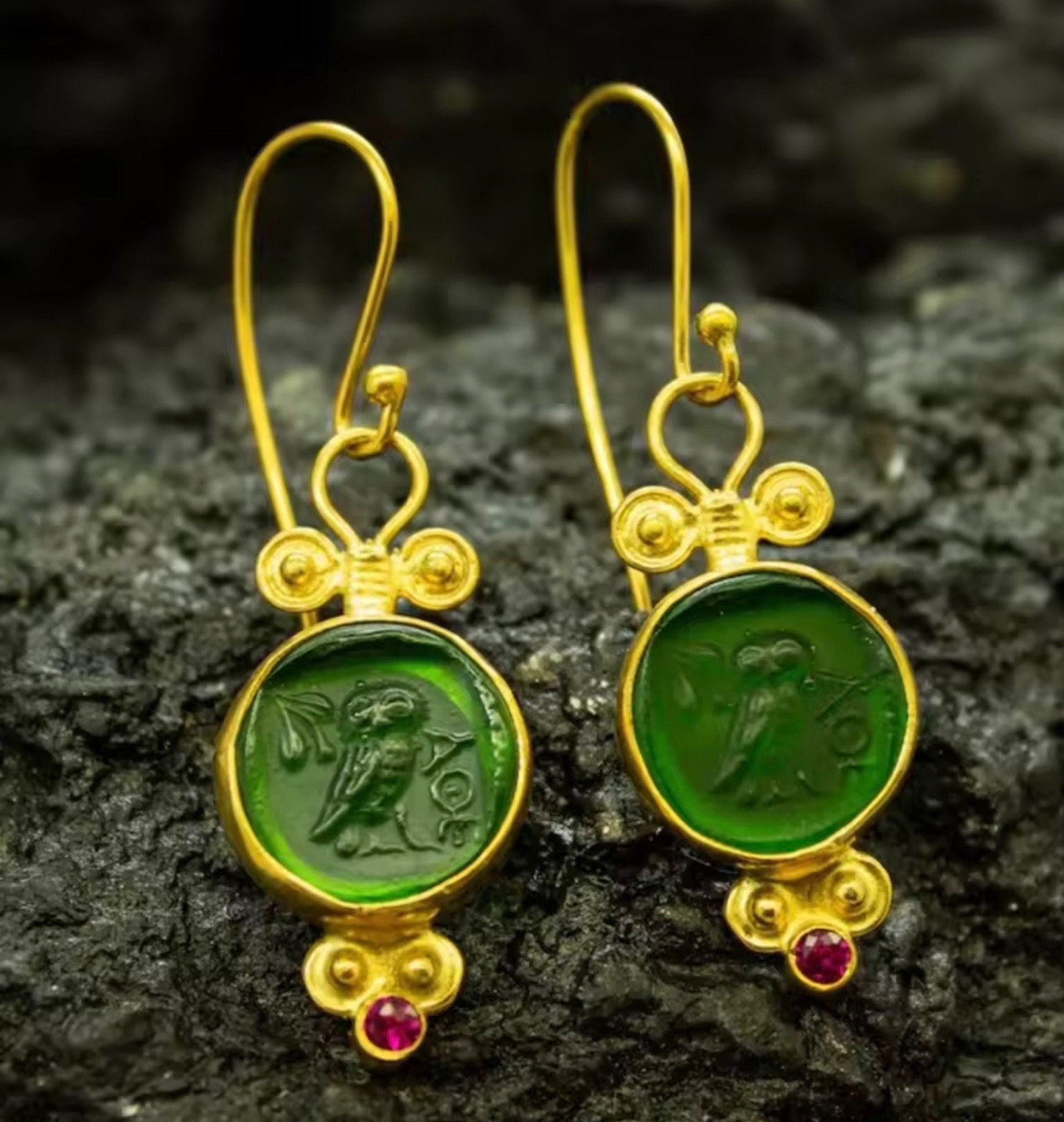 Ancient Greek Owl Coin Earrings Goddess Athena Symbol Jewelry Vintage Style gold