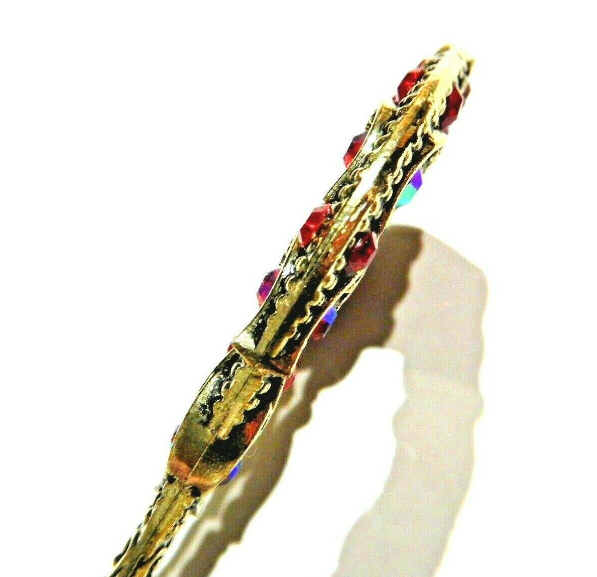 RED & GOLDTONE CRYSTAL HAIR STICK horseshoe prong bun twist pin rhinestone H1
