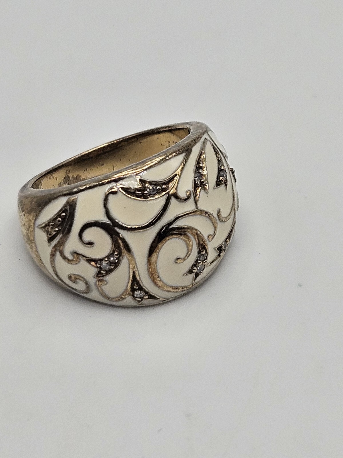 Sterling Silver Scroll Ivory Enamel Clear CZ Dome Ring Size 6 Signed ZRW