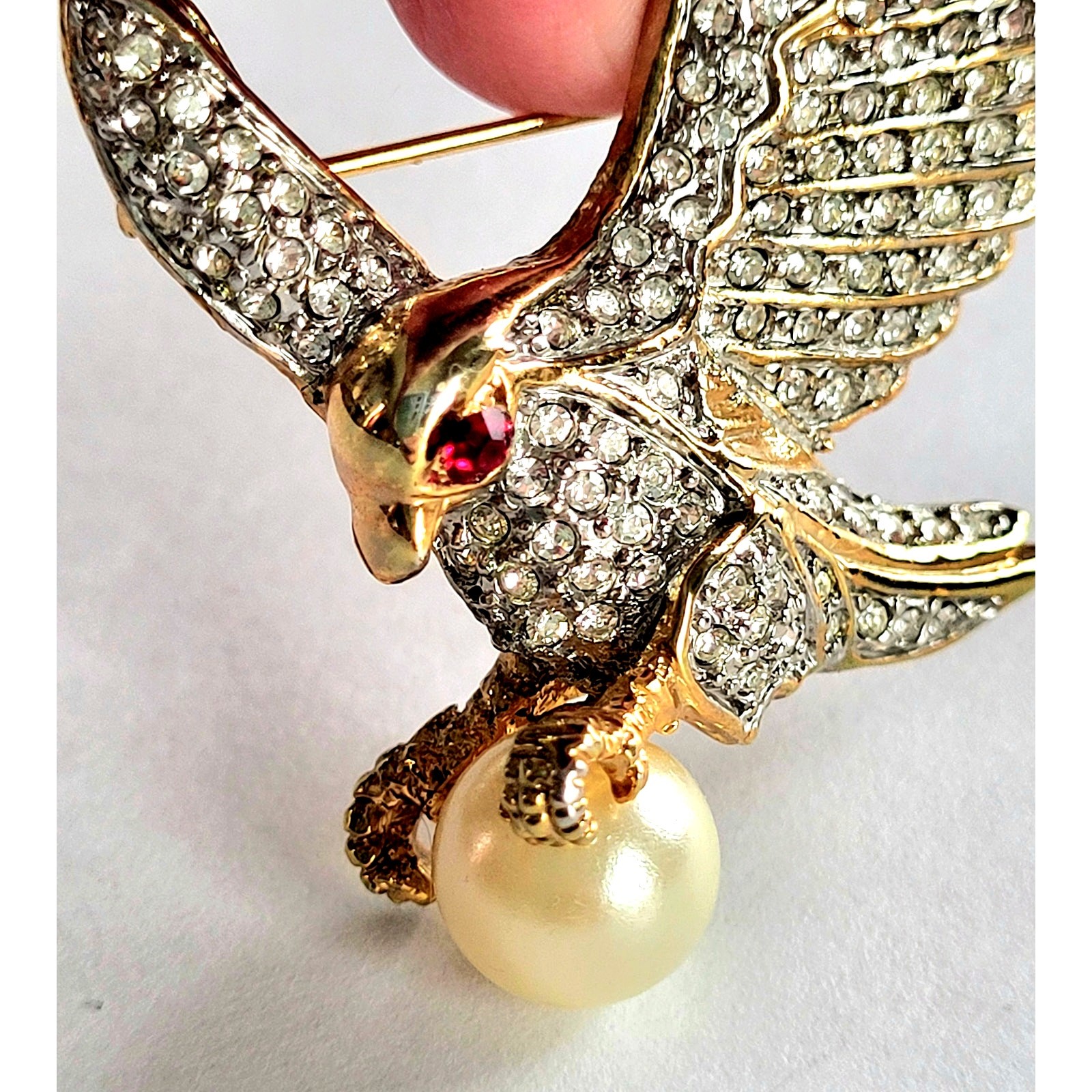 AD2001 Vintage Eagle Brooch Pave Rhinestones Pearl USA Ann Hand