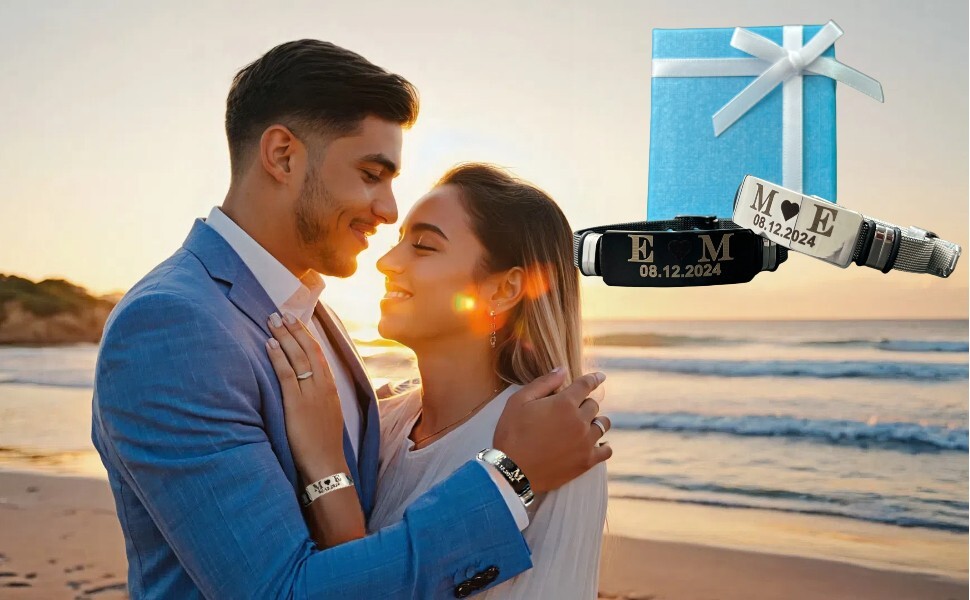 His and Hers Engraved Couple Bracelets – Custom Name Date Stainless Steel