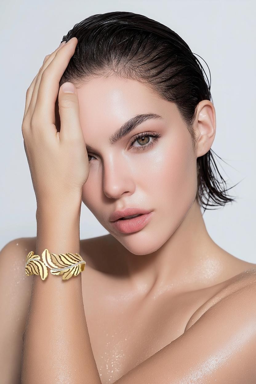 Luxury Double Leaf Bracelet with Sparkling Bands Gold Plated Stainless