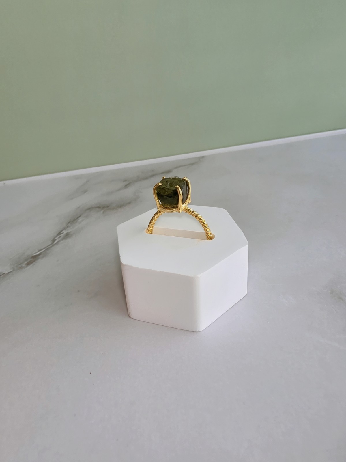 Natural Moldavite Ring 14K Gold Plated 925 Silver Adjustable Gift for Her