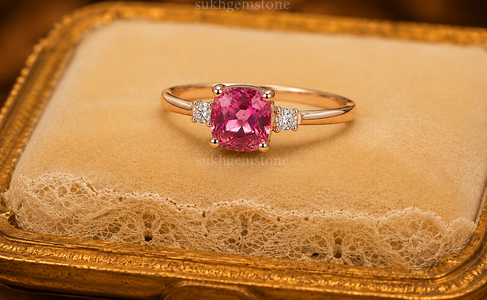 Lab Created pink Padparadscha Ring, Base Metal: Brass Finish: Gold Plated Gift